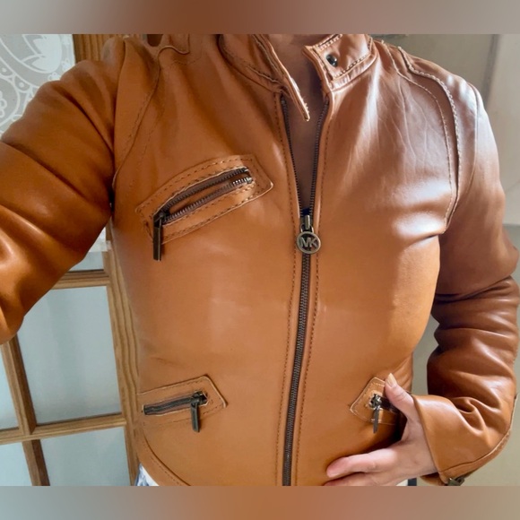 Michael KORS Leather Moto Jacket Biker Coat MK Khaki Cargo Zipper Retro City VTG - Picture 6 of 16